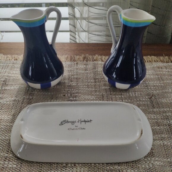 Living Art Stoneage VTG Cruet Set of 3 Carleen Gaby Stoneage Handpainted - Picture 6 of 13